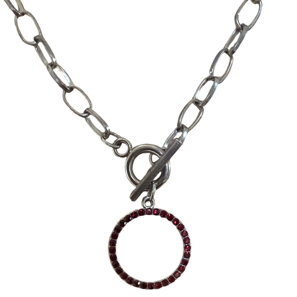 Silver Tone‎ Chunky Oval Link Toggle Necklace with Red Rhinestone Circle Pendant